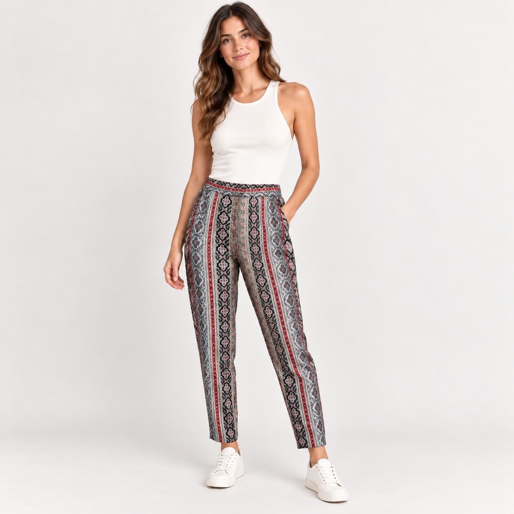 Zara Tapered Pants Womens XS Blue Red Boho Paisley Geometric High Rise Trousers